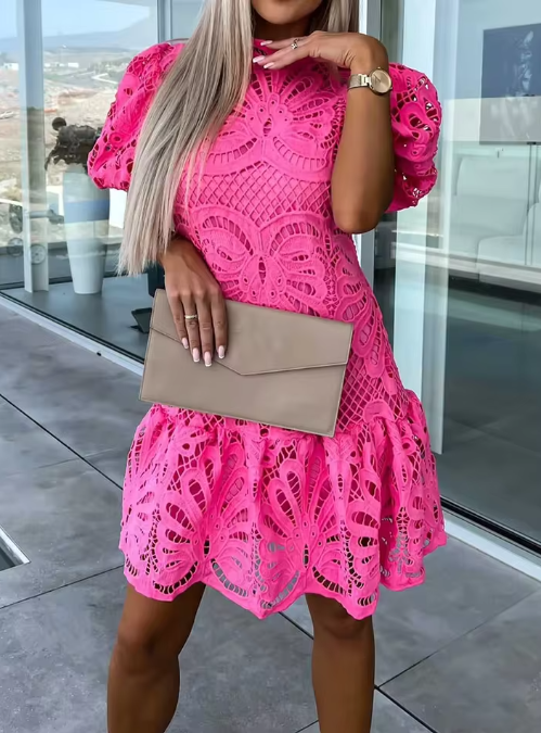 Lace Mock Neck Puff Sleeve Dress