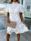 Lace Mock Neck Puff Sleeve Dress