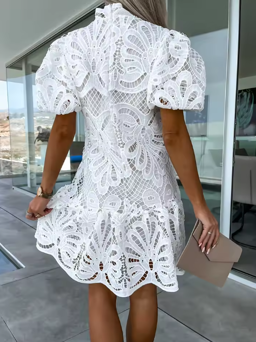 Lace Mock Neck Puff Sleeve Dress
