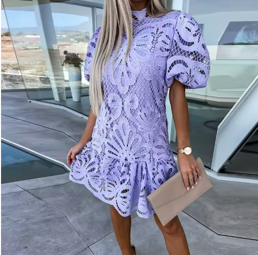 Lace Mock Neck Puff Sleeve Dress