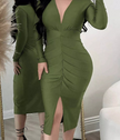 Ruched Deep V-Neck Bodycon Midi Dress