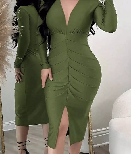 Ruched Deep V-Neck Bodycon Midi Dress