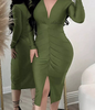 Ruched Deep V-Neck Bodycon Midi Dress