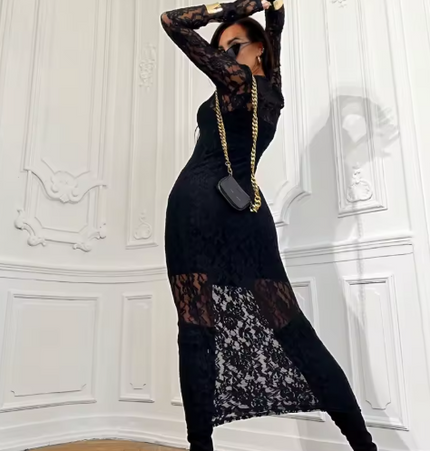 Lace Round Neck Long Sleeve Midi Dress