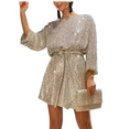 Sequin Tie Waist Long Sleeve Mini Dress