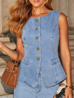 Button Down Vest and Wide Leg Jeans Denim Set