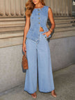 Button Down Vest and Wide Leg Jeans Denim Set