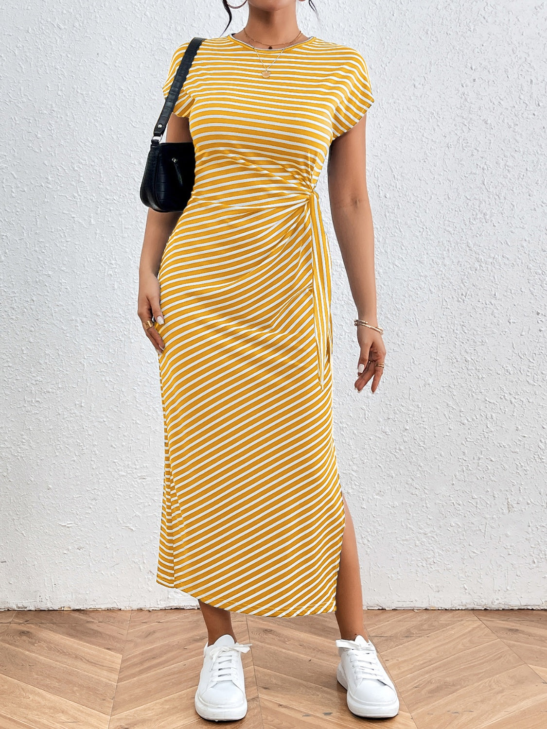 Tied Striped Round Neck Short Sleeve Maxi Tee Dress