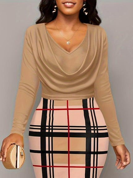 Plus Size Plaid Long Sleeve Midi Dress