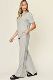 Double Take Full Size Round Neck Short Sleeve Top and Wide Leg Pants Set