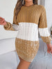 Cable-Knit Round Neck Color Block Sweater Mini  Dress