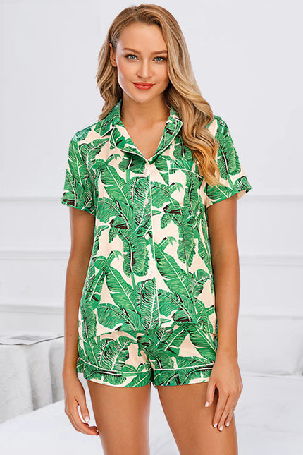 Printed Button Up Short Sleeve Top and Shorts Pajama Set