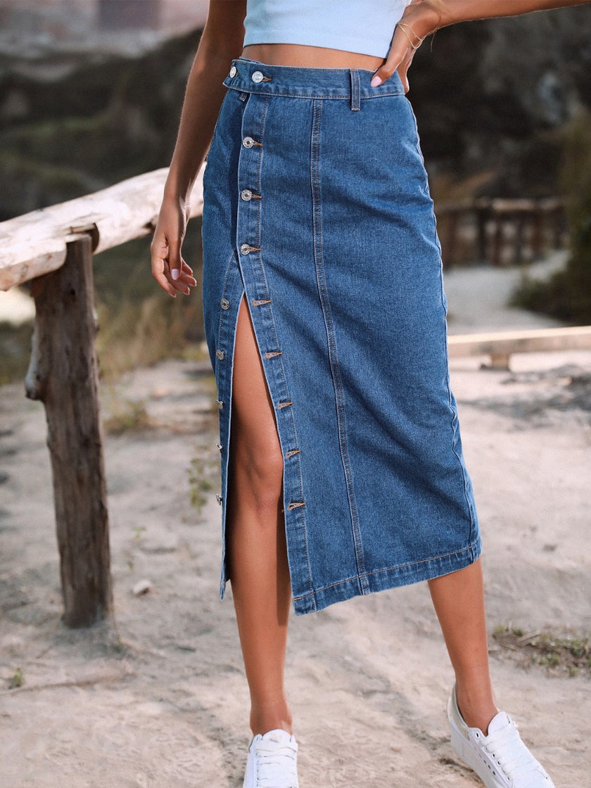 Button Down Denim Skirt - QuaintQuest Fashion