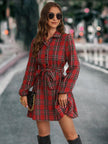 Plaid Tie Front Collared Neck Long Sleeve Mini Dress