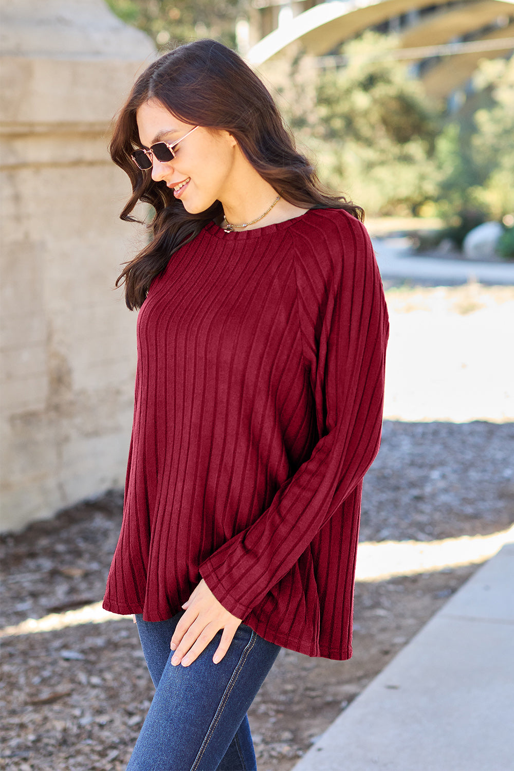 Basic Bae Full Size Ribbed Round Neck Long Sleeve Knit Sweater