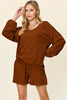 Double Take Full Size Texture V-Neck Long Sleeve Top and Shorts Set