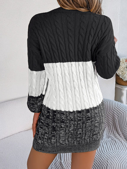 Cable-Knit Round Neck Color Block Sweater Mini  Dress