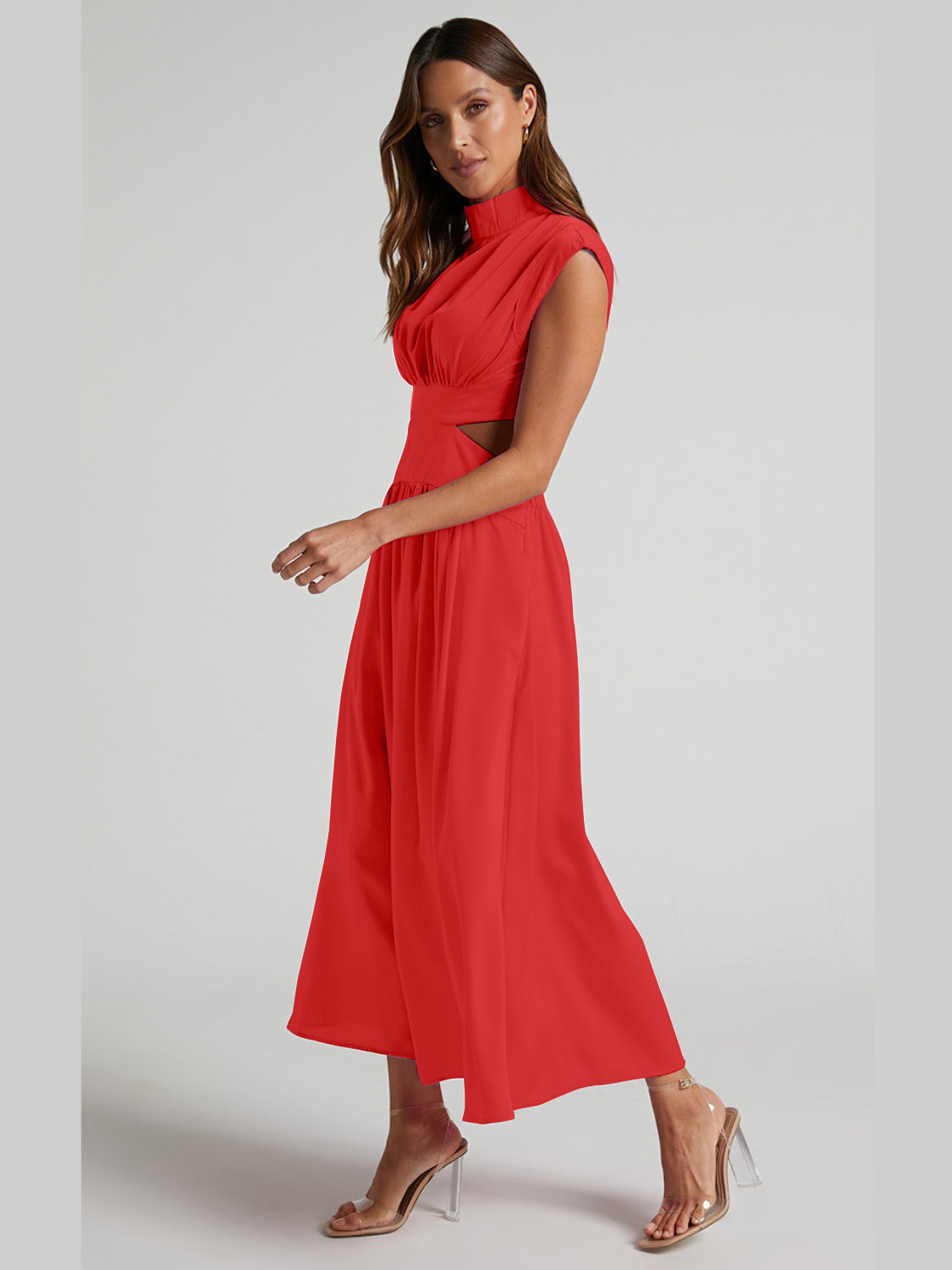 Cutout Mock Neck Sleeveless Ruched Maxi Dress