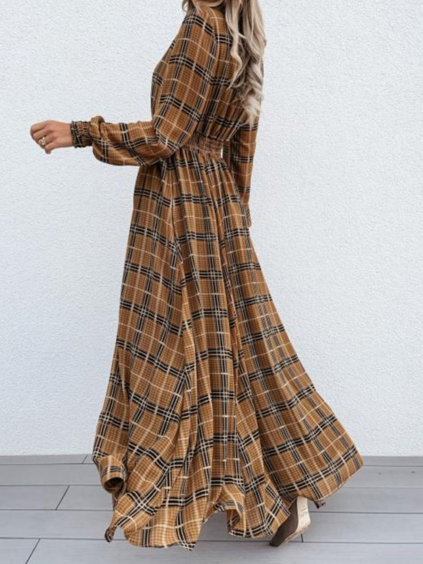 Slit Plaid Tie Neck Long Sleeve Maxi Dress