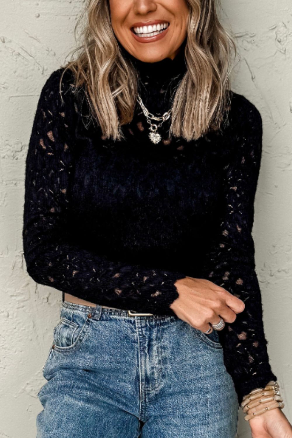 Crochet Turtleneck Long Sleeve Blouse