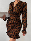 Ruched Ruffled Leopard Surplice Long Sleeve Mini Dress