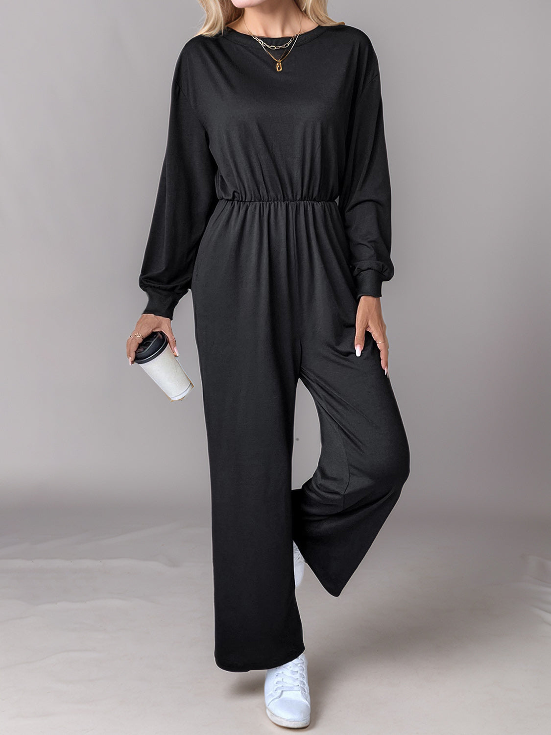 Tied Round Neck Wide Leg Jumpsuit