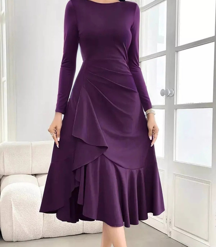 Long Sleeve Ruched Midi Dress with Asymmetrical Ruffle Hem