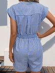 Perfee Striped Notched Tie Waist Romper