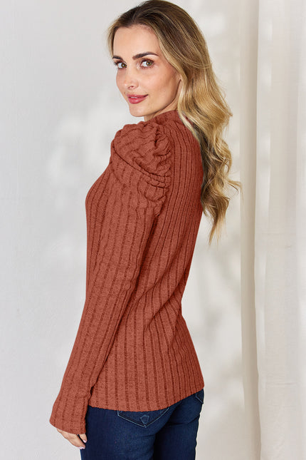 Basic Bae Full Size Ribbed Mock Neck Puff Sleeve Sweater