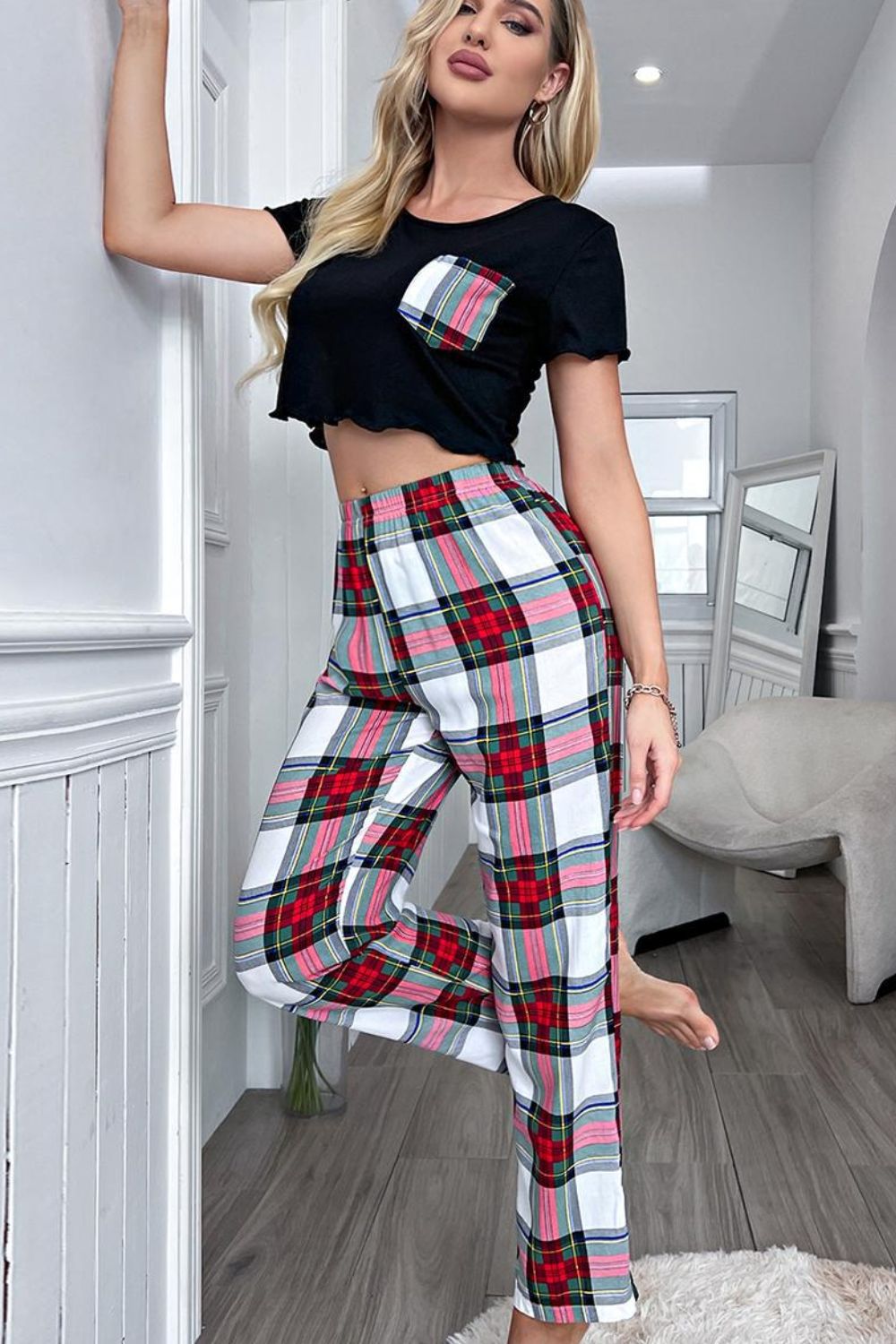 Lettuce Trim Cropped T-Shirt and Plaid Pants Pajama Set