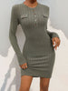 Perfee Decorative Button Round Neck Long Sleeve Mini Dress