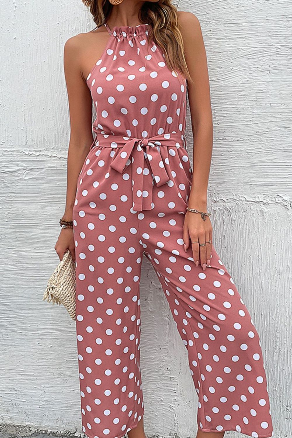 Perfee Polka Dot Grecian Wide Leg Jumpsuit