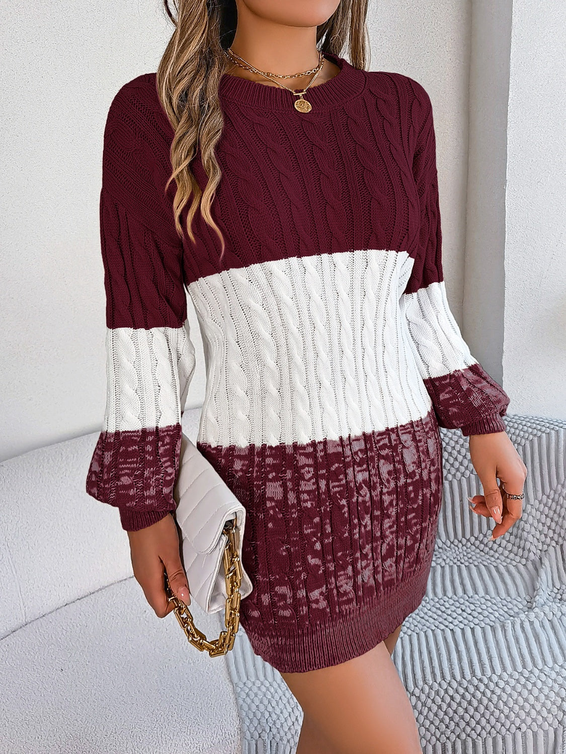 Cable-Knit Round Neck Color Block Sweater Mini  Dress