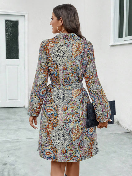 Printed Collared Neck Long Sleeve Mini Dress