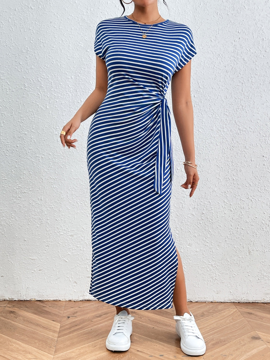 Tied Striped Round Neck Short Sleeve Maxi Tee Dress