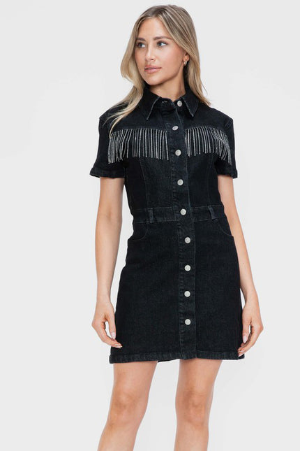 Full Size Embellished Button Down Short Sleeve Denim Dress