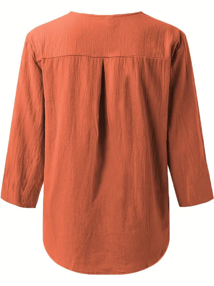 Notched Three-Quarter Sleeve Blouse