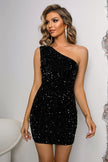 Sequin Lace-Up One-Shoulder Bodycon Mini Dress