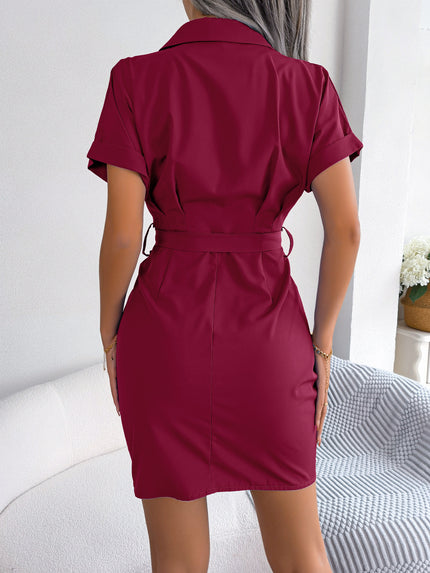 Button Down Ruched Tie Belt Mini Dress