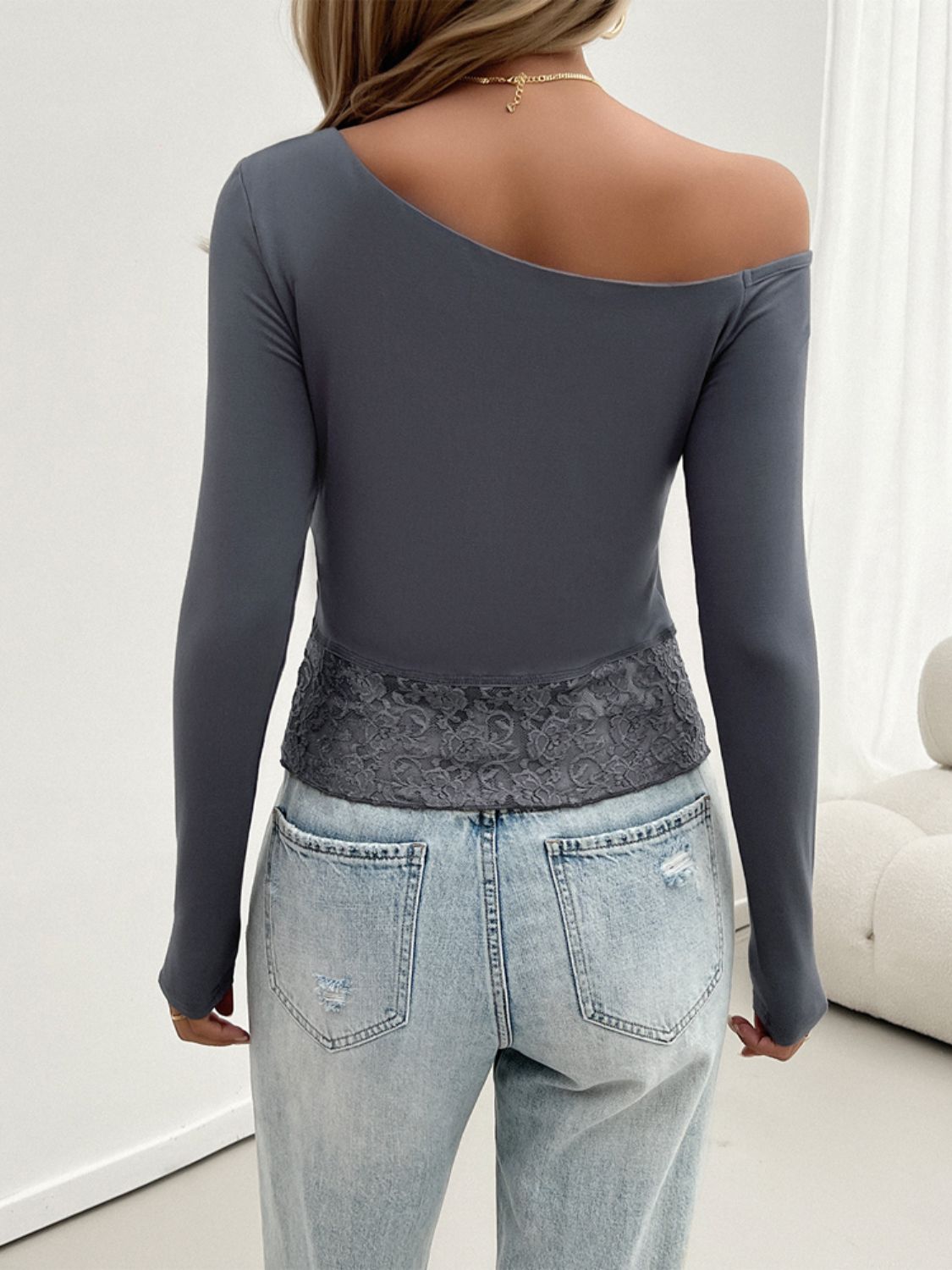 Devine Single Shoulder Long Sleeve Lace T-Shirt