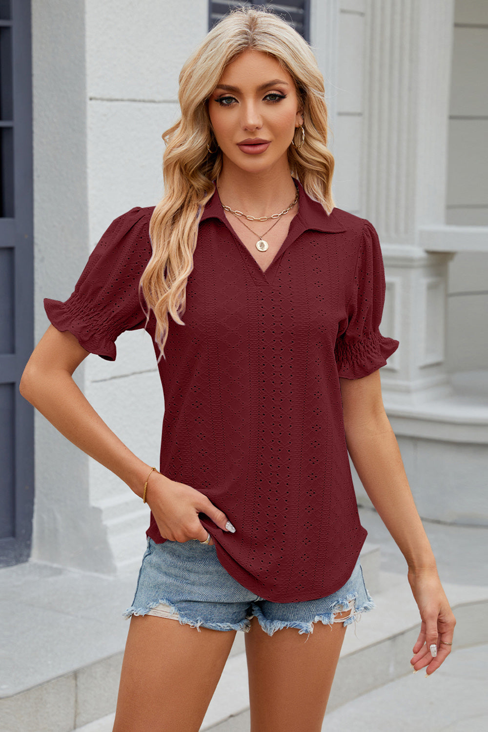 Eyelet Johnny Collar Short Sleeve Blouse