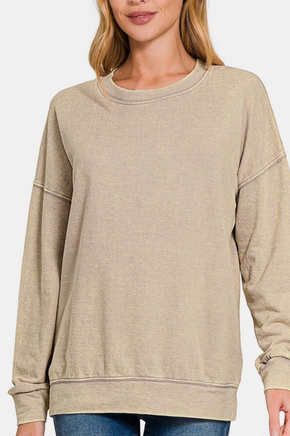 Zenana Washed Round Neck Dropped Shoulder Sweatshirt