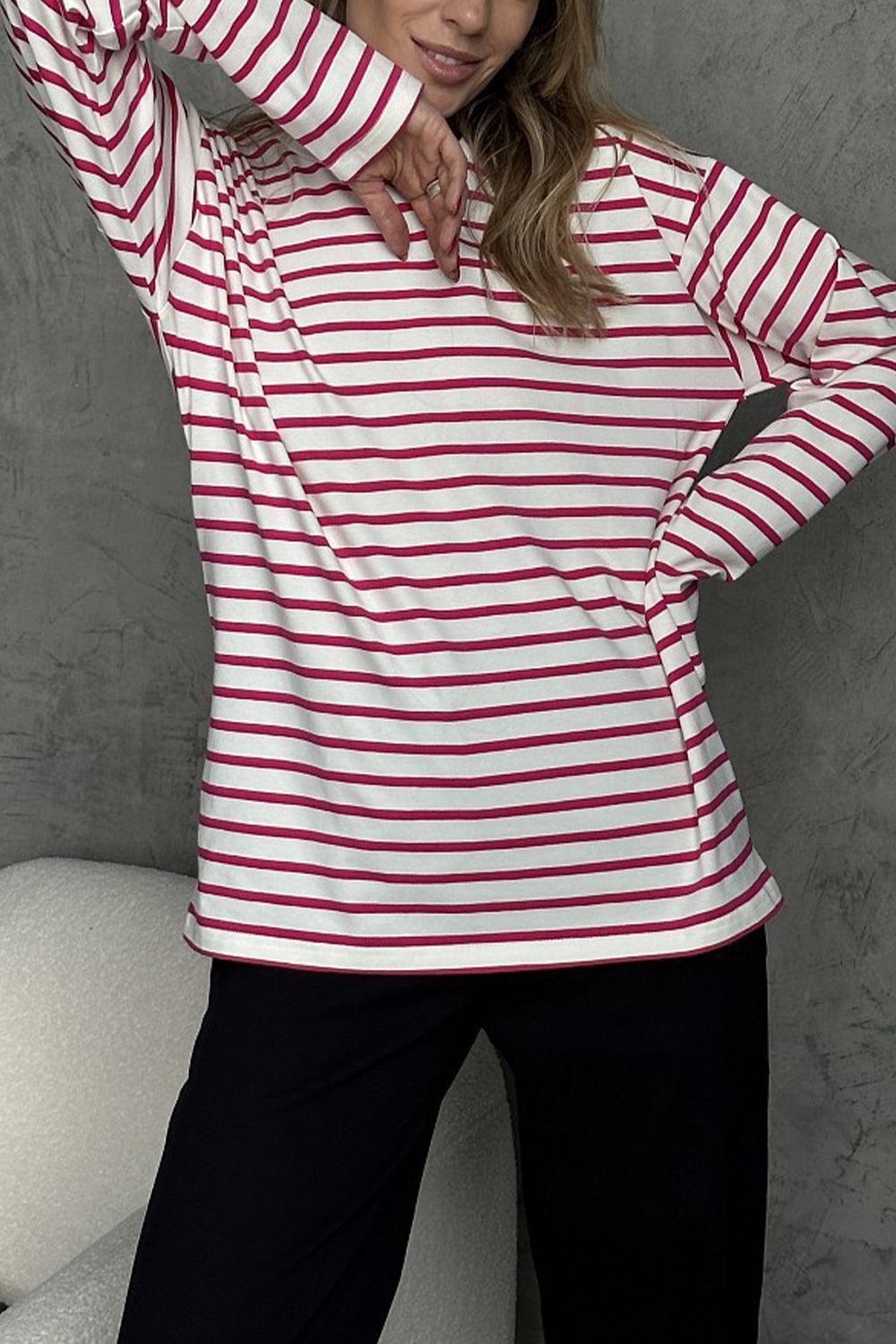 Round Neck Striped Dropped Shoulder T-Shirt