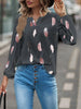 Feather Print Notched Balloon Sleeve Blouse