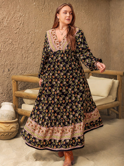 Plus Size Floral V-Neck Balloon Sleeve Maxi Dress