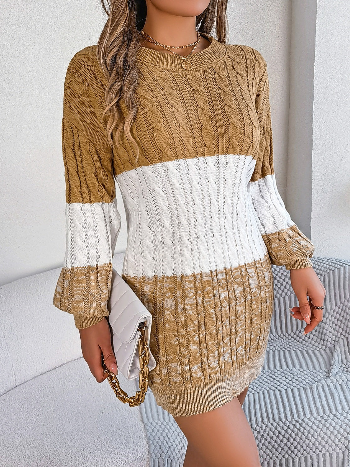 Cable-Knit Round Neck Color Block Sweater Mini  Dress