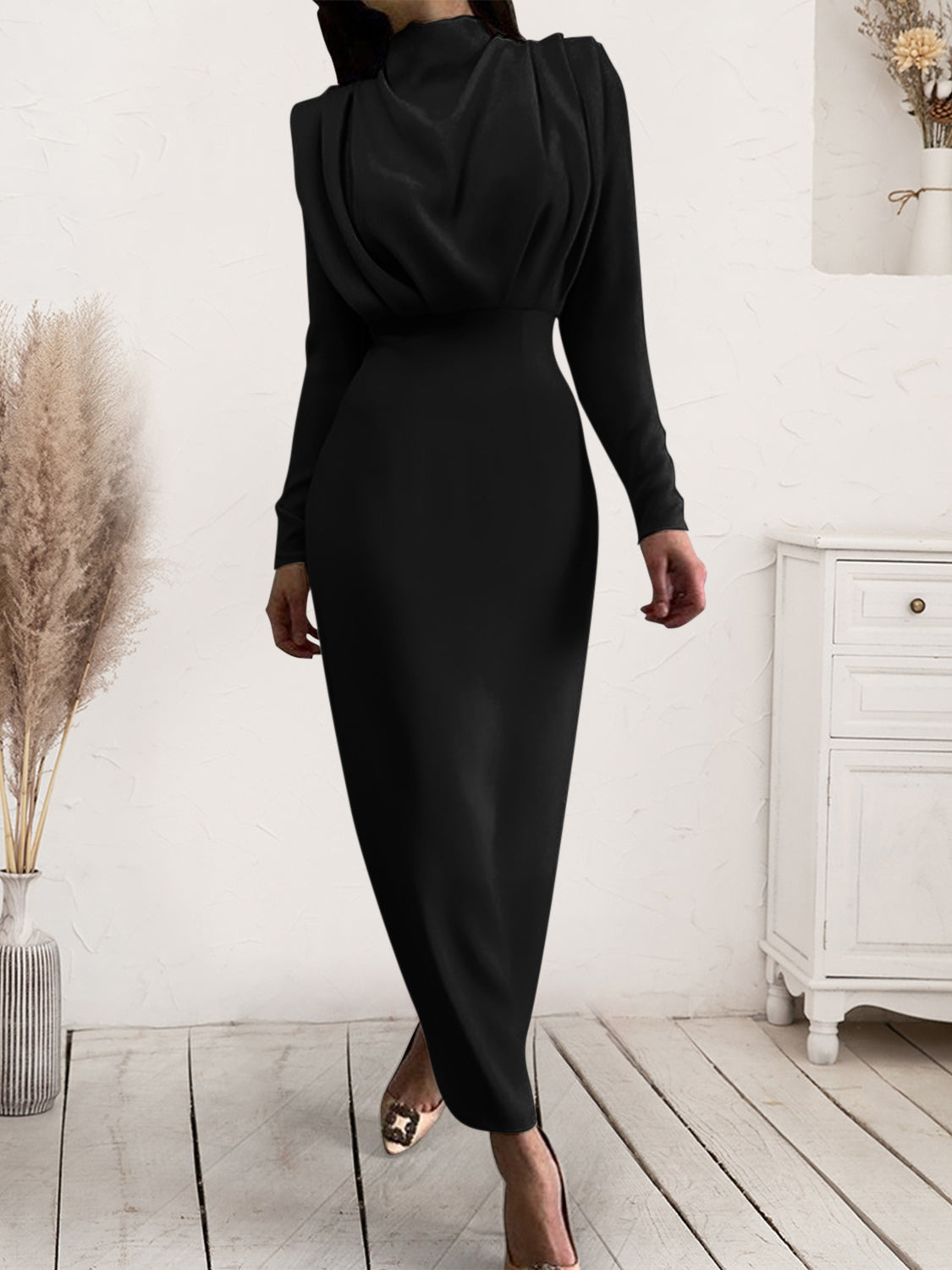 Ruched Turtleneck Long Sleeve Maxi Dress