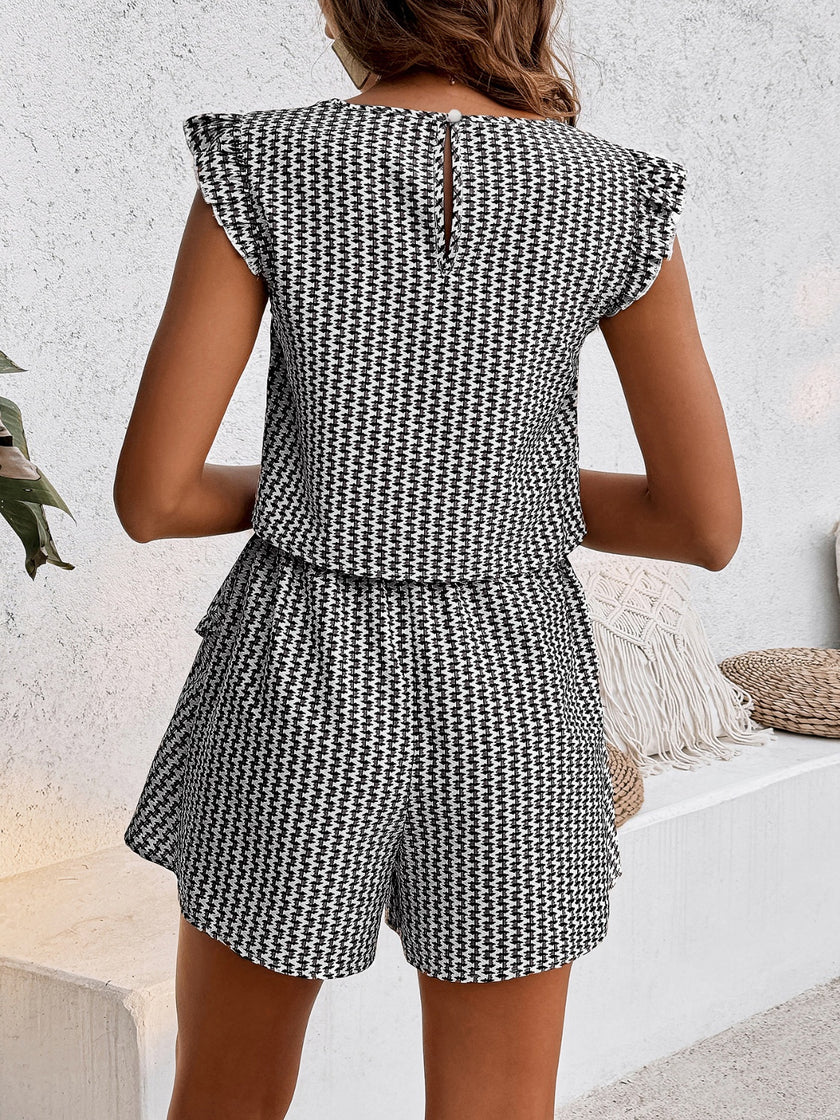 Printed Round Neck Top and Layered Shorts Set - QuaintQuest Fashion