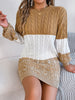 Cable-Knit Round Neck Color Block Sweater Mini  Dress