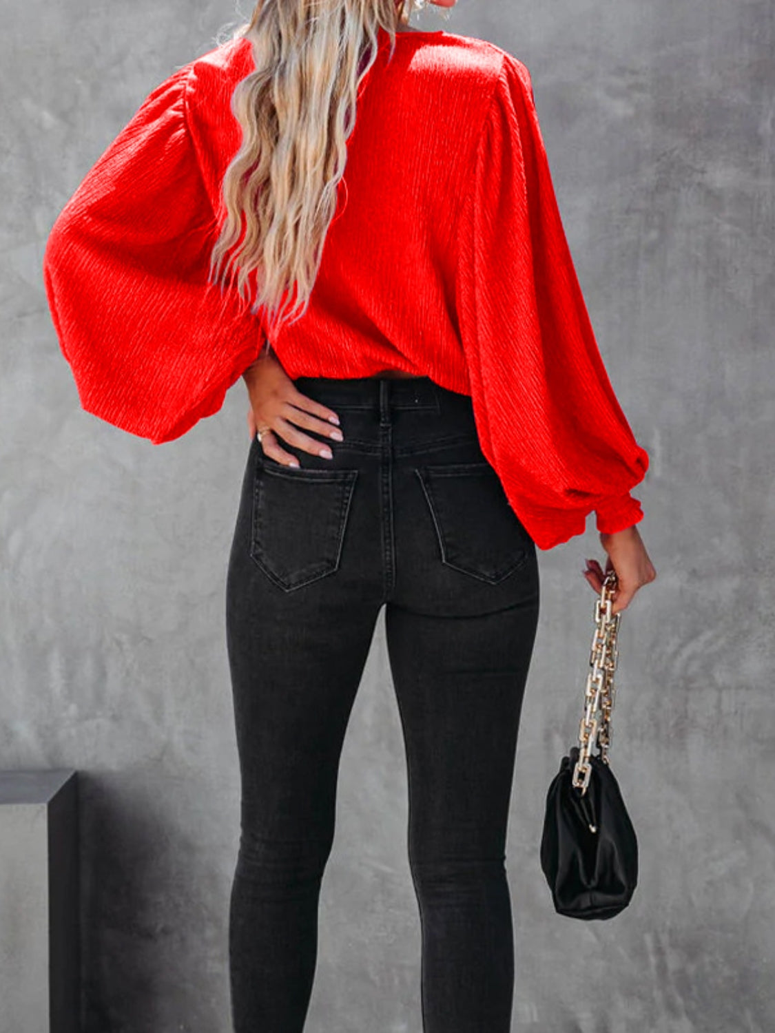 Texture Surplice Lantern Sleeve Blouse